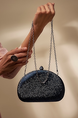 Blue Metal & Satin Crystal Work Clutch by Be Chic