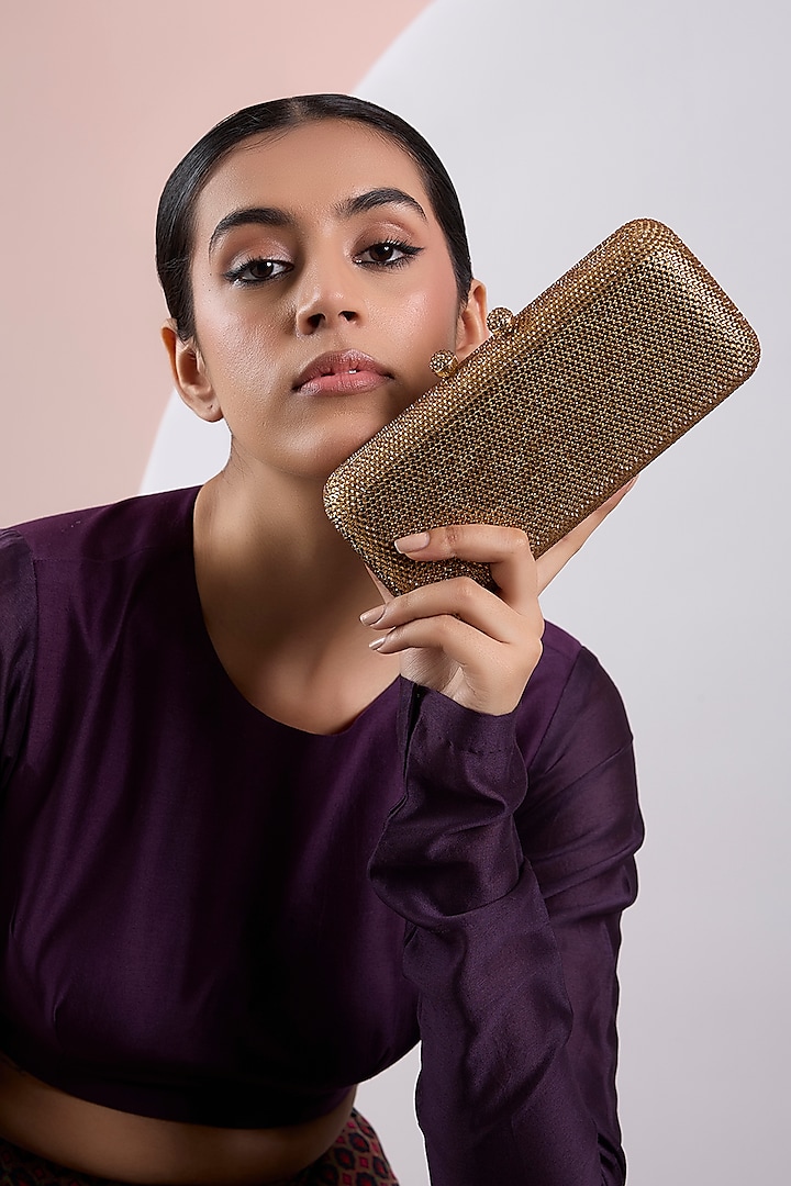 Gold Metal Crystal & Diamond Work Clutch by Be Chic at Pernia's Pop Up Shop