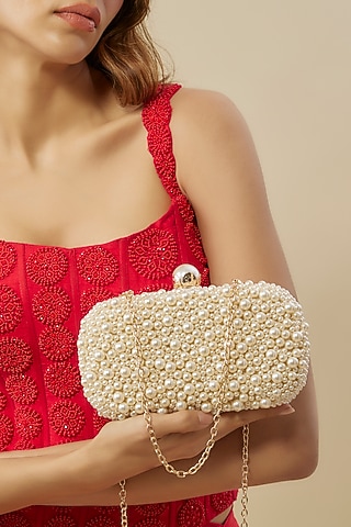 Ivory Metal Pearl Work Clutch by Be Chic