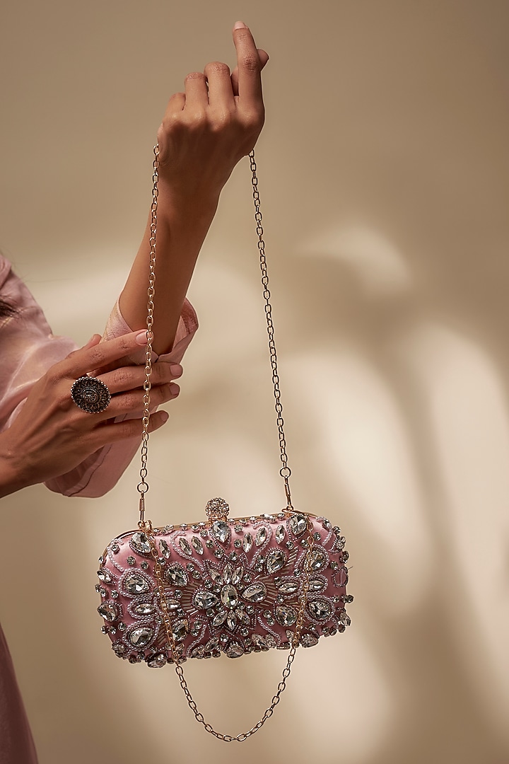 Pink Metal Crystal Hand Embroidered Clutch Bag by Be Chic at Pernia's Pop Up Shop