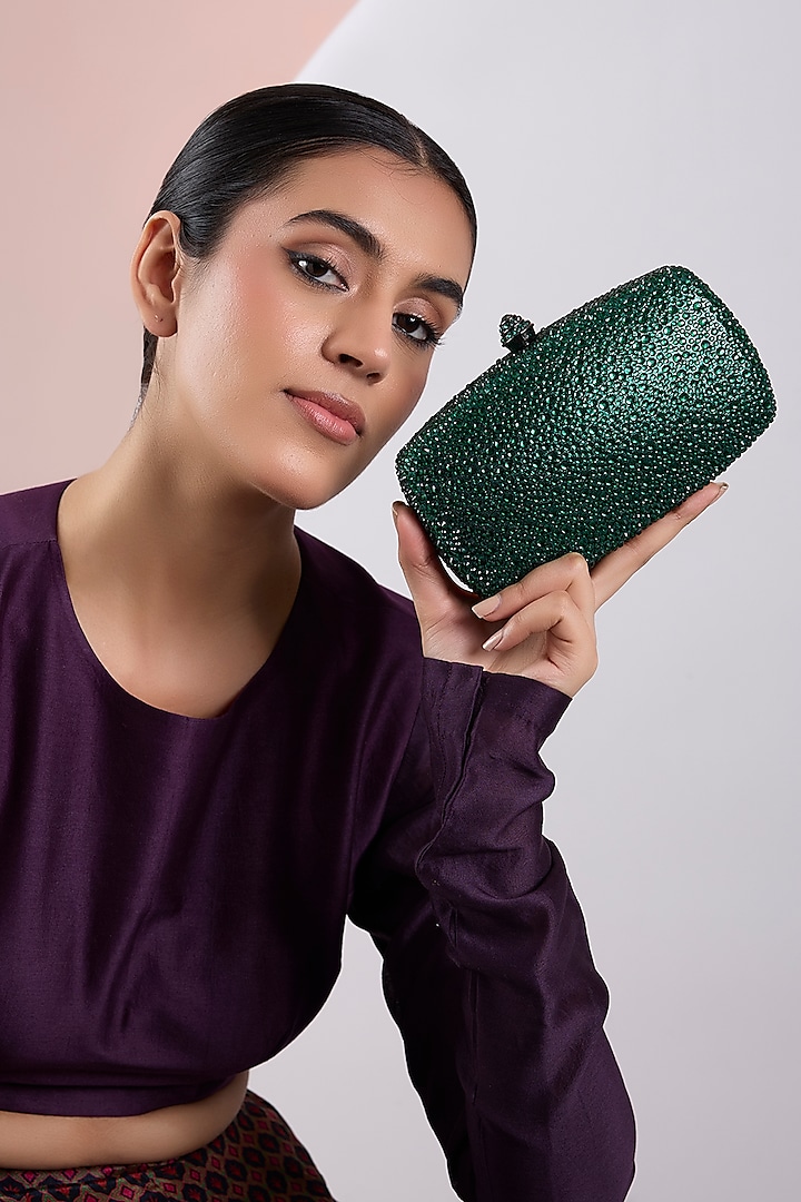 Green Metal Crystal & Diamond Work Clutch by Be Chic at Pernia's Pop Up Shop