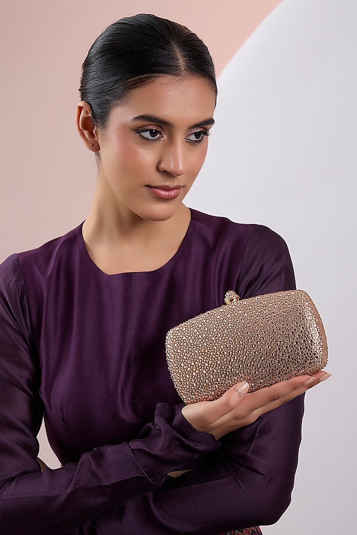 Gold Metal Crystal & Diamond Work Clutch by Be Chic at Pernia's Pop Up Shop