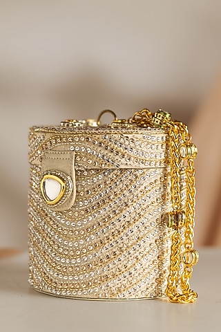 Gold Korean Silk Embellished Bucket Bag by Be Chic