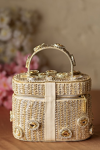 Gold Korean Silk Embellished Bucket Bag by Be Chic