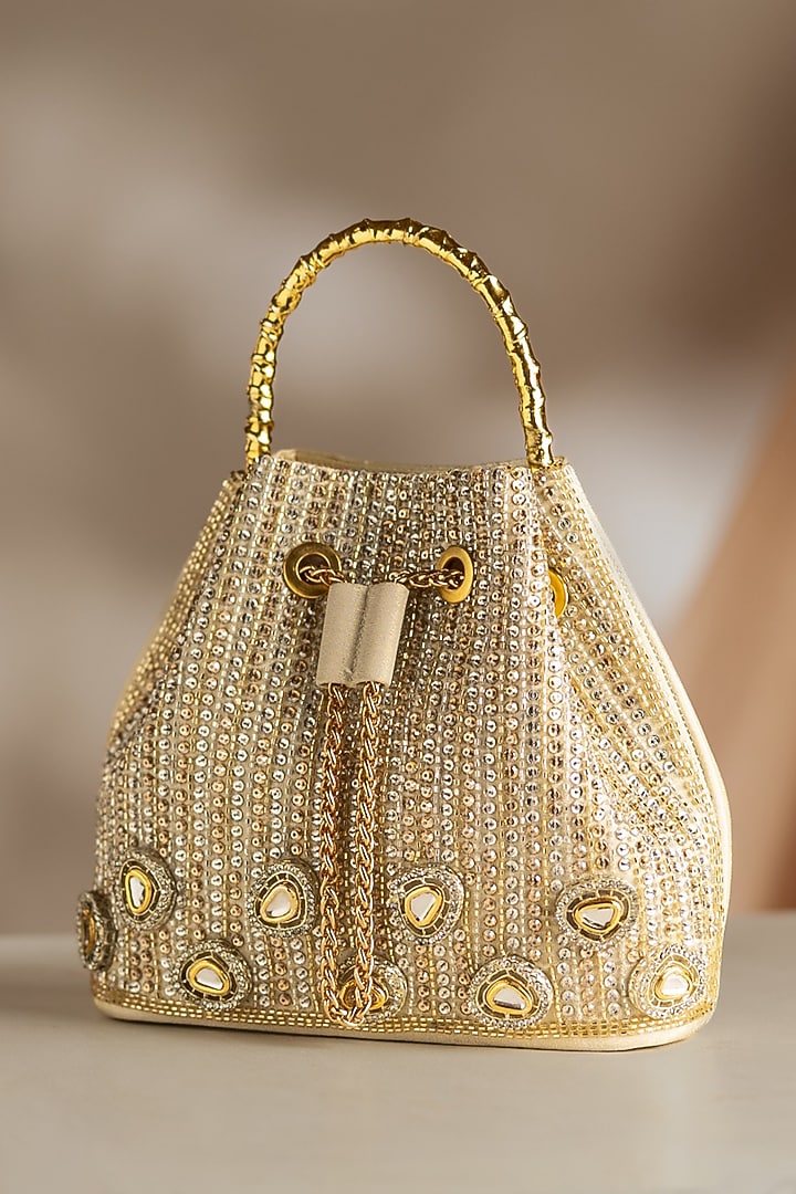 Gold Korean Silk Embellished Bucket Bag by Be Chic at Pernia's Pop Up Shop