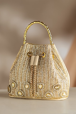 Gold Korean Silk Embellished Bucket Bag by Be Chic