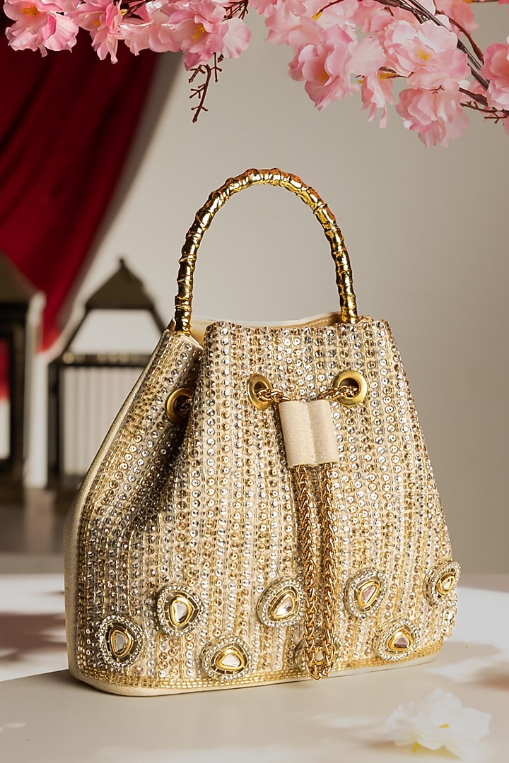 Gold Korean Silk Embellished Bucket Bag by Be Chic at Pernia's Pop Up Shop