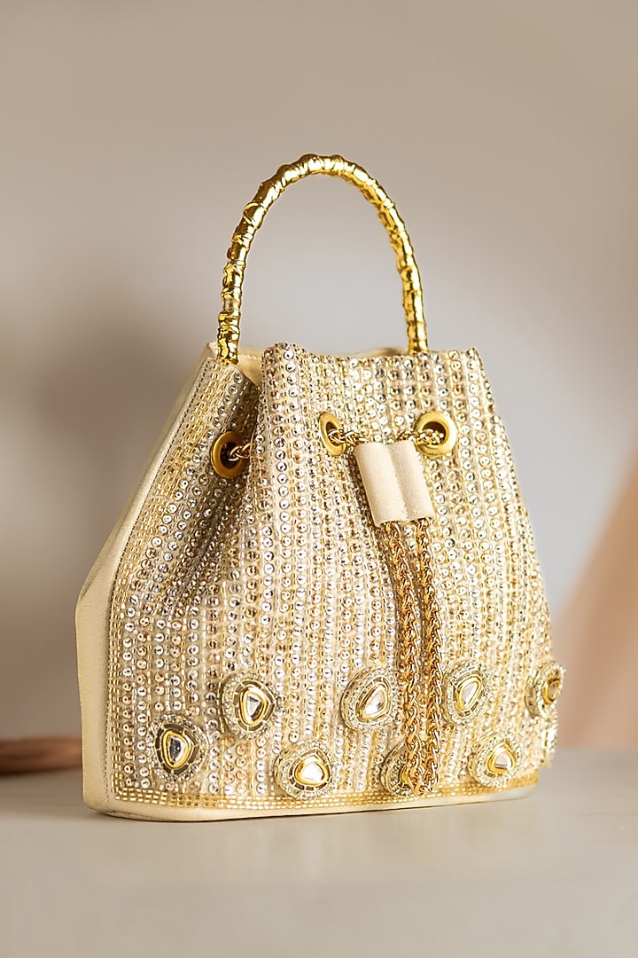 Gold Korean Silk Embellished Bucket Bag by Be Chic at Pernia's Pop Up Shop