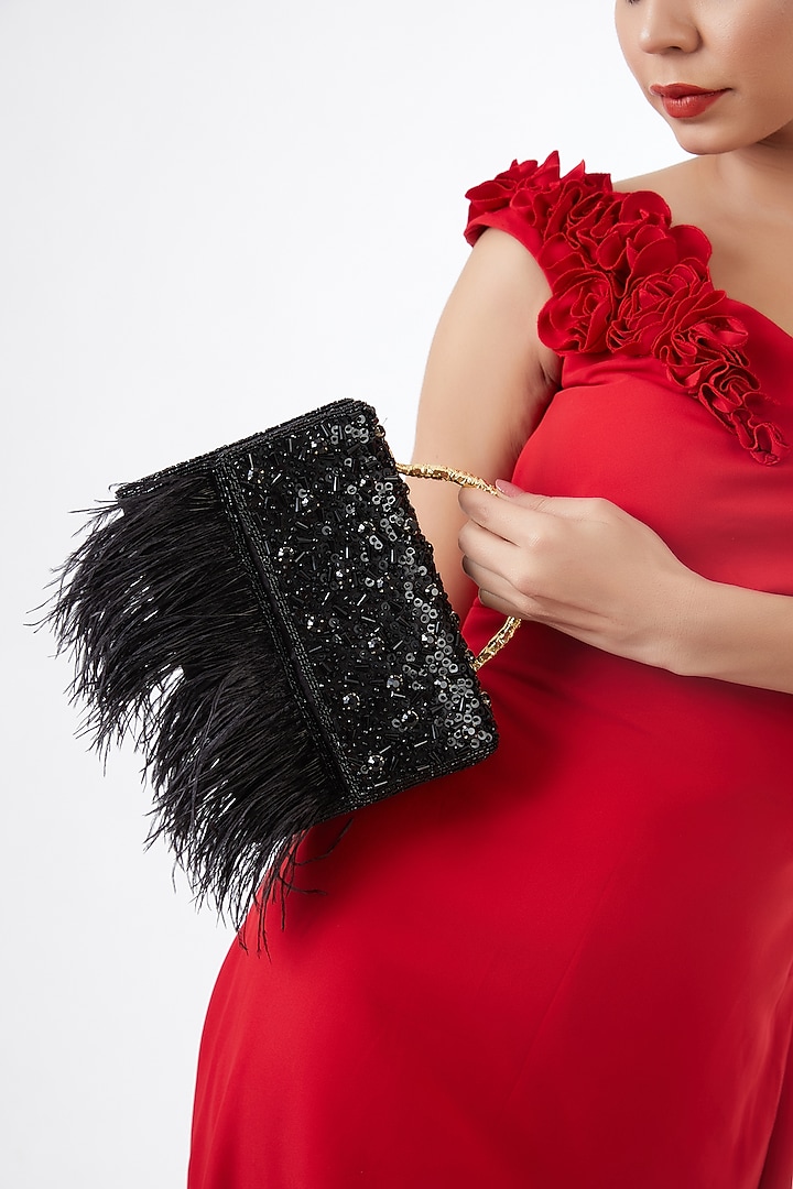 Black Satin Hand Embroidered Clutch by Be Chic at Pernia's Pop Up Shop
