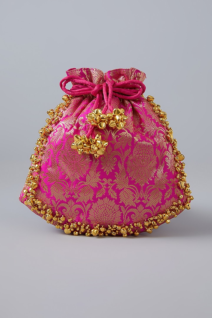 Pink Satin Hand Embroidered Brocade Potli by Be Chic at Pernia's Pop Up Shop