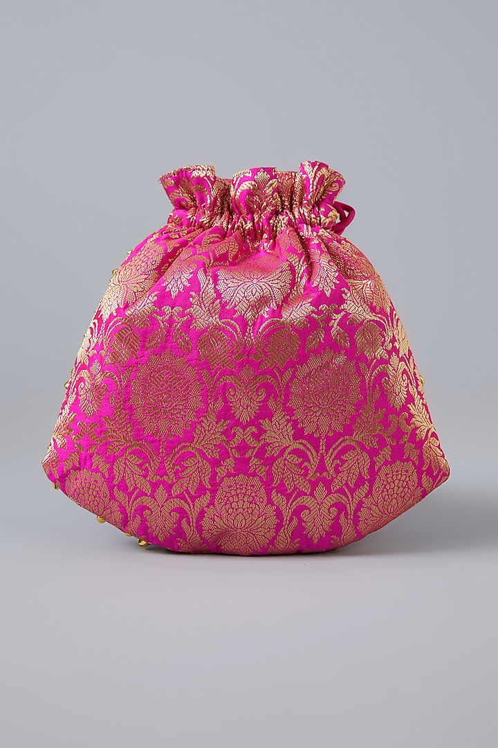 Pink Satin Hand Embroidered Brocade Potli by Be Chic at Pernia's Pop Up Shop