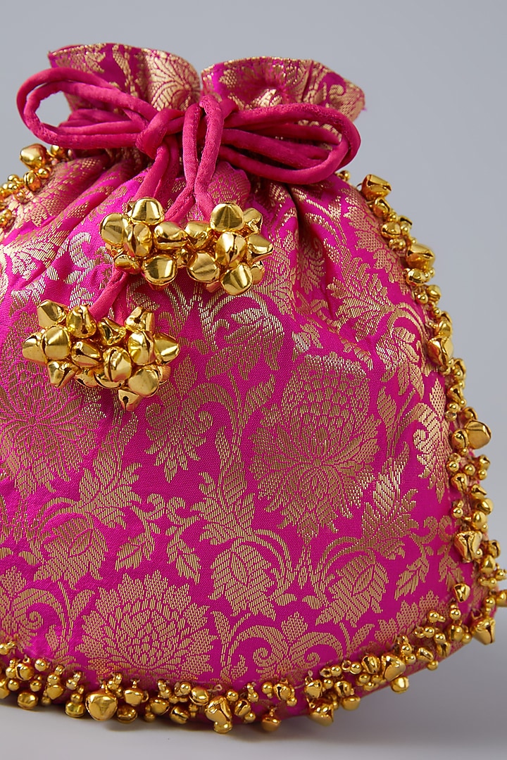 Pink Satin Hand Embroidered Brocade Potli by Be Chic at Pernia's Pop Up Shop