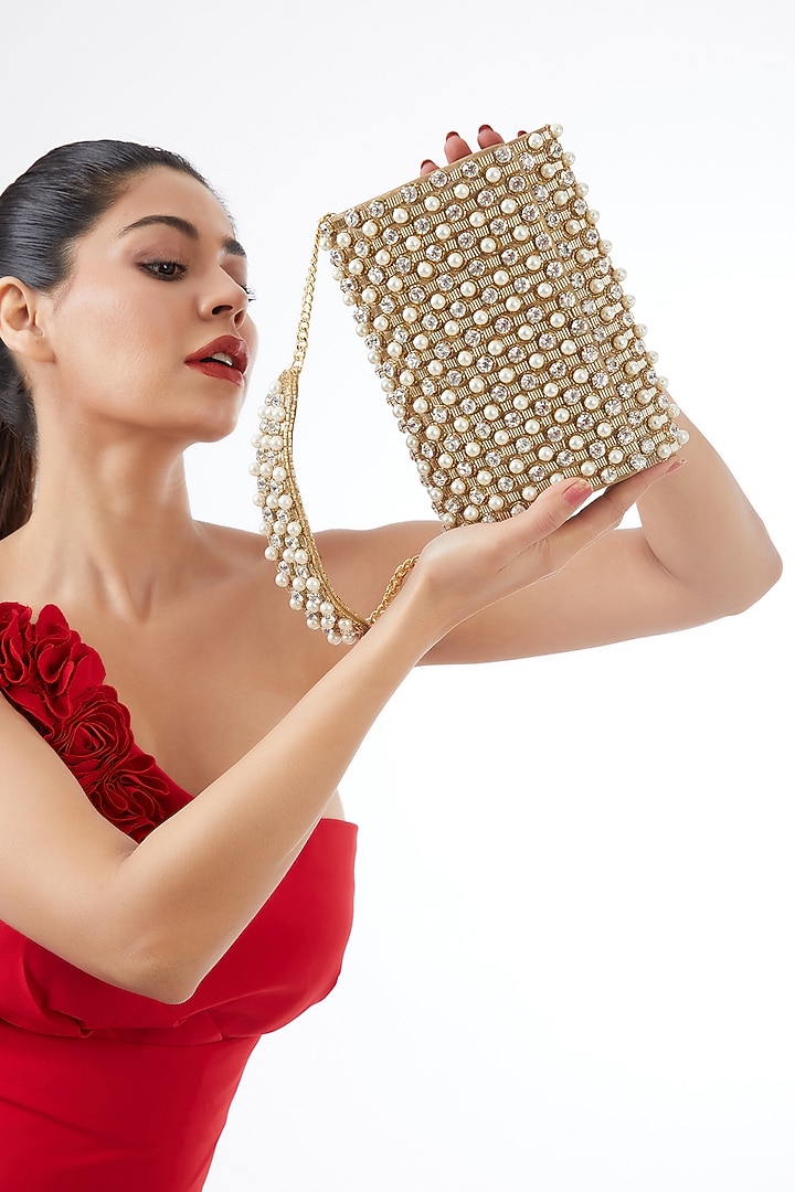 Golden Satin Pearl & Natural Stone Clutch by Be Chic at Pernia's Pop Up Shop