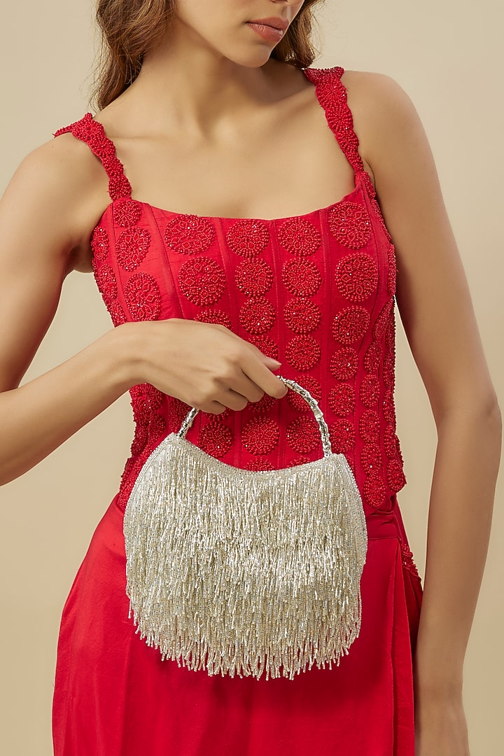 Silver Satin Hand Embroidered Potli by Be Chic at Pernia's Pop Up Shop