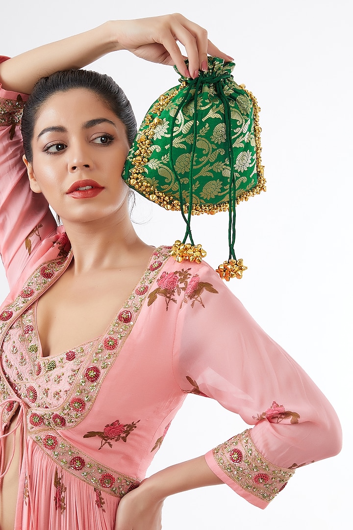 Green Brocade Hand Embroidered Potli by Be Chic at Pernia's Pop Up Shop