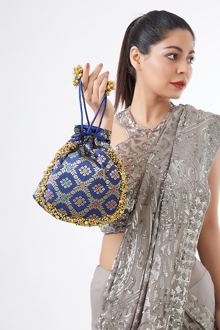 Blue Brocade Hand Embroidered Potli by Be Chic