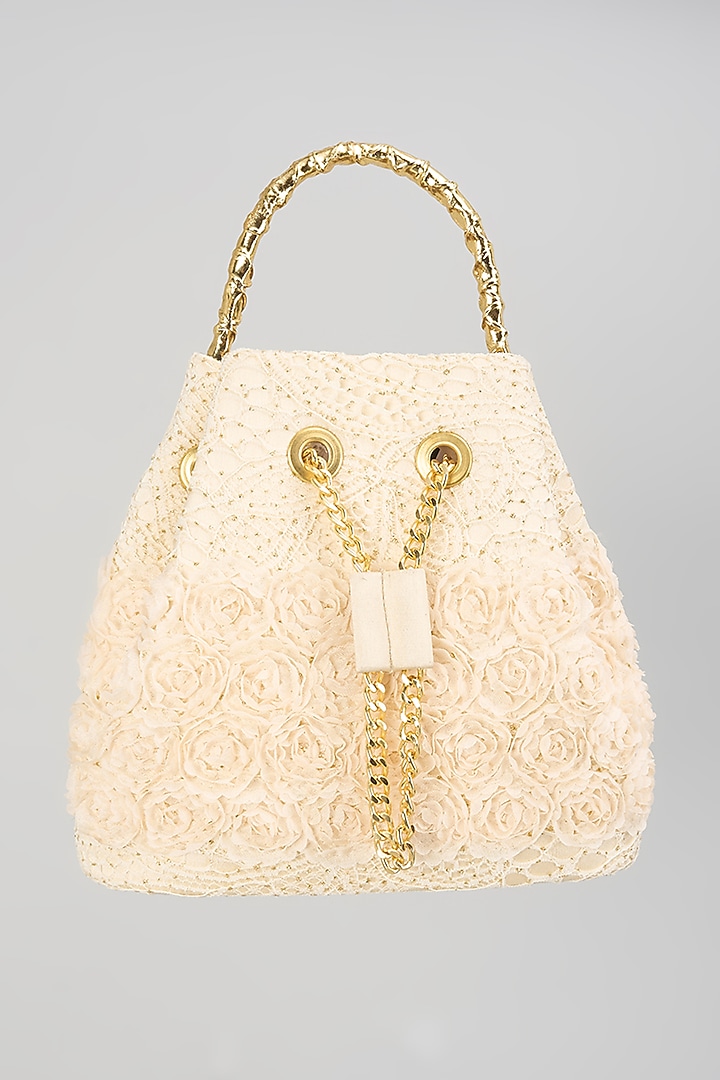 Ivory Satin Embellished Bucket Bag by Be Chic at Pernia's Pop Up Shop