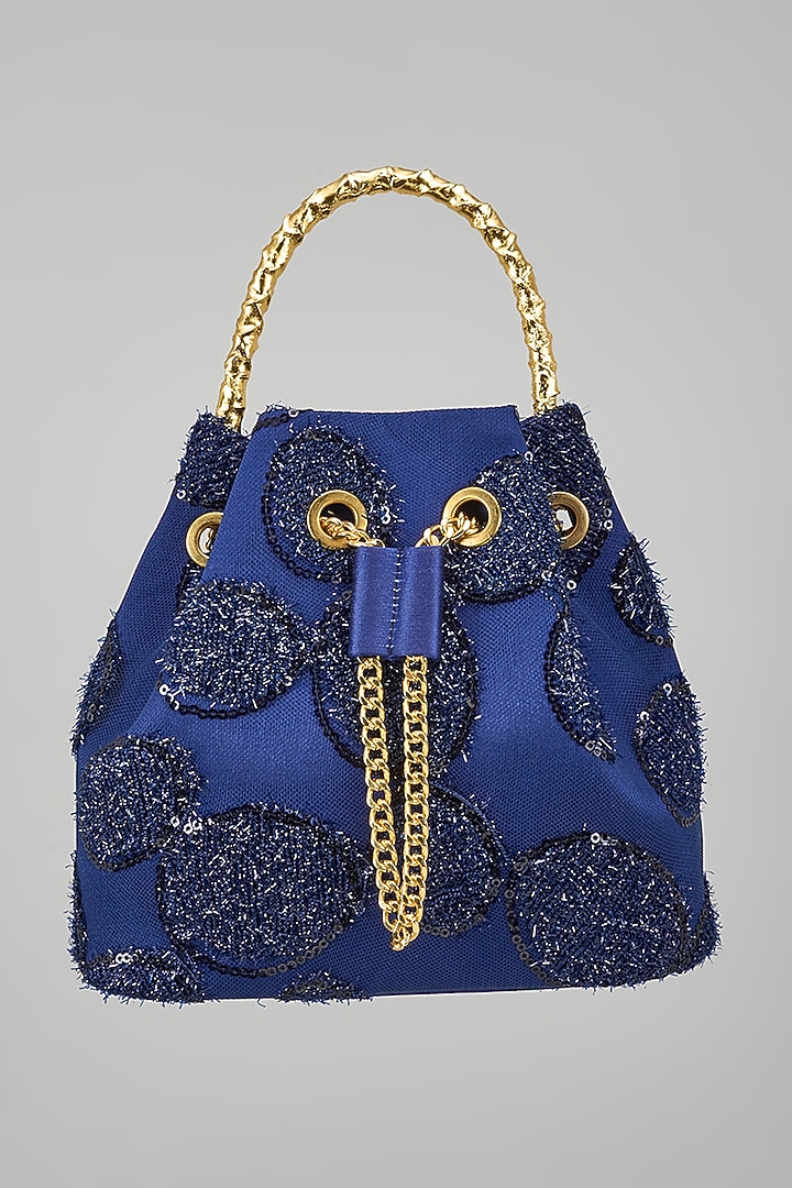 Midnight Blue Satin Sequins Embellished Bucket Bag by Be Chic at Pernia's Pop Up Shop
