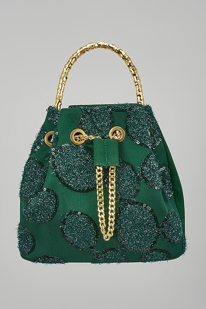 Emerald Green Satin Sequins Embellished Bucket Bag by Be Chic at Pernia's Pop Up Shop