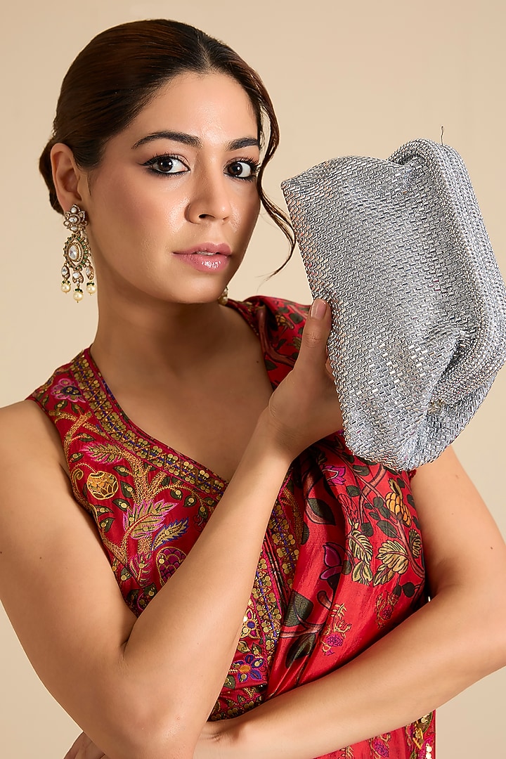 Silver Satin Crystal Work Potli by Be Chic at Pernia's Pop Up Shop