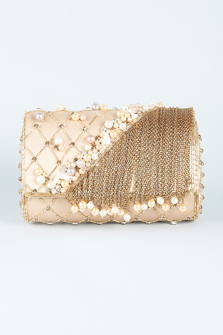 Gold Satin Hand Embroidered Clutch by Be Chic