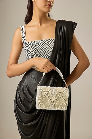 White Satin Pearl Work Clutch by Be Chic