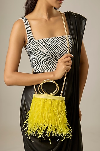 Yellow Satin Feather Bucket Bag by Be Chic