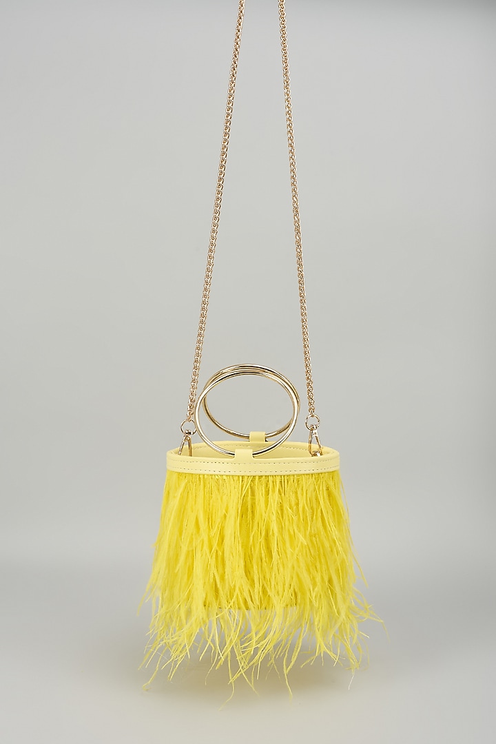 Yellow Satin Feather Bucket Bag by Be Chic at Pernia's Pop Up Shop