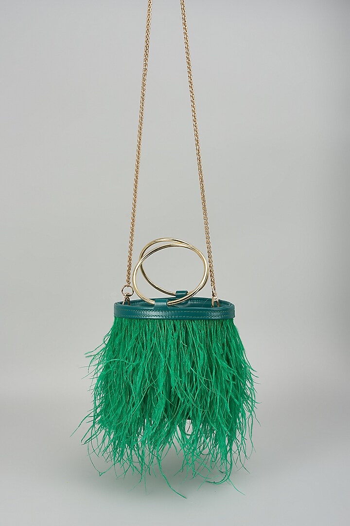 Green Satin Feather Bucket Bag by Be Chic at Pernia's Pop Up Shop