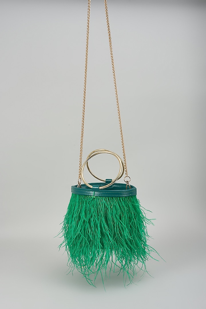 Green Satin Feather Bucket Bag by Be Chic at Pernia's Pop Up Shop