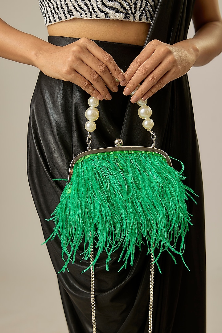 Green Satin Feather Potli bag by Be Chic at Pernia's Pop Up Shop