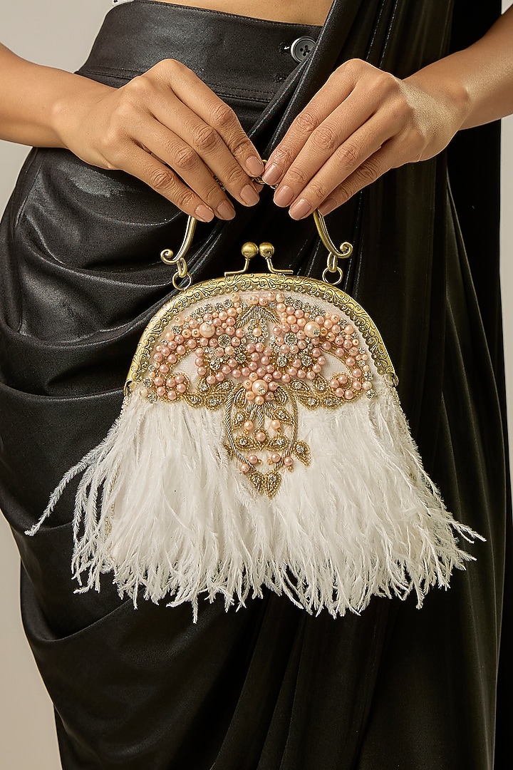 White Soft Velvet Feather Embellished Clutch by Be Chic at Pernia's Pop Up Shop