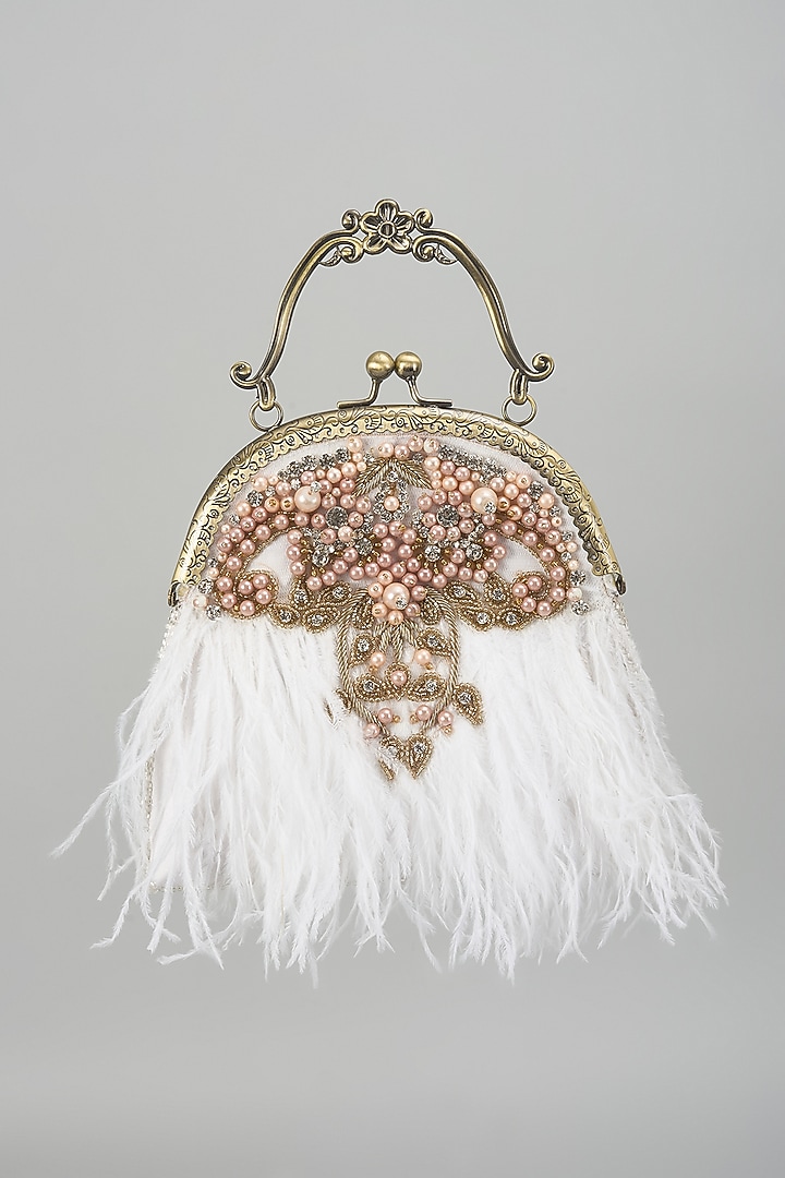 White Soft Velvet Feather Embellished Clutch by Be Chic at Pernia's Pop Up Shop