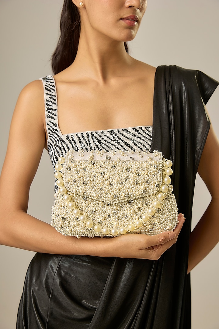 Ivory Soft Velvet Pearl Embellished Clutch by Be Chic at Pernia's Pop Up Shop