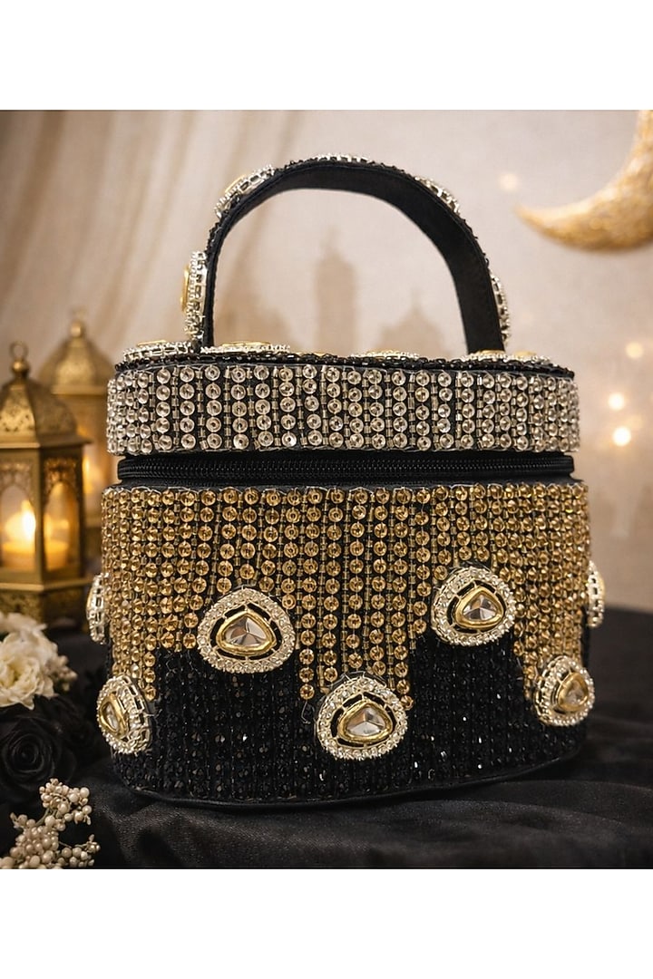 Black Satin Polki Embellished Clutch by Be Chic at Pernia's Pop Up Shop