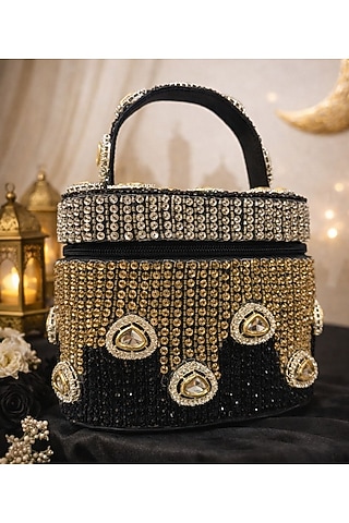 Black Satin Polki Embellished Clutch by Be Chic