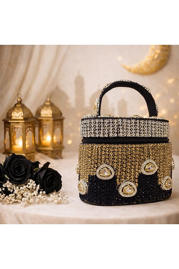Black Satin Polki Embellished Clutch by Be Chic at Pernia's Pop Up Shop