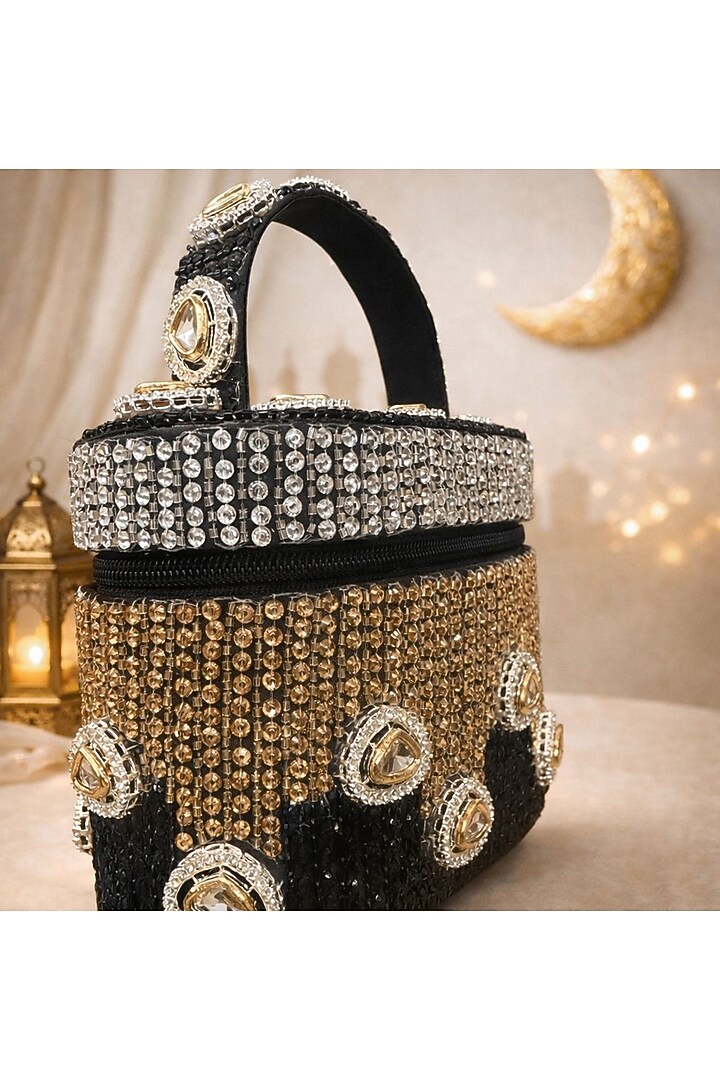 Black Satin Polki Embellished Clutch by Be Chic at Pernia's Pop Up Shop