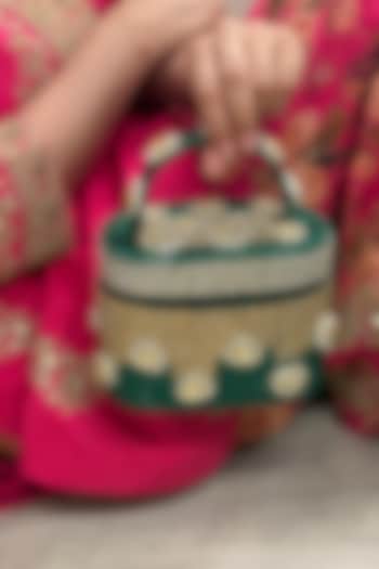 Green Satin Polki Embellished Handcrafted Clutch by Be Chic at Pernia's Pop Up Shop
