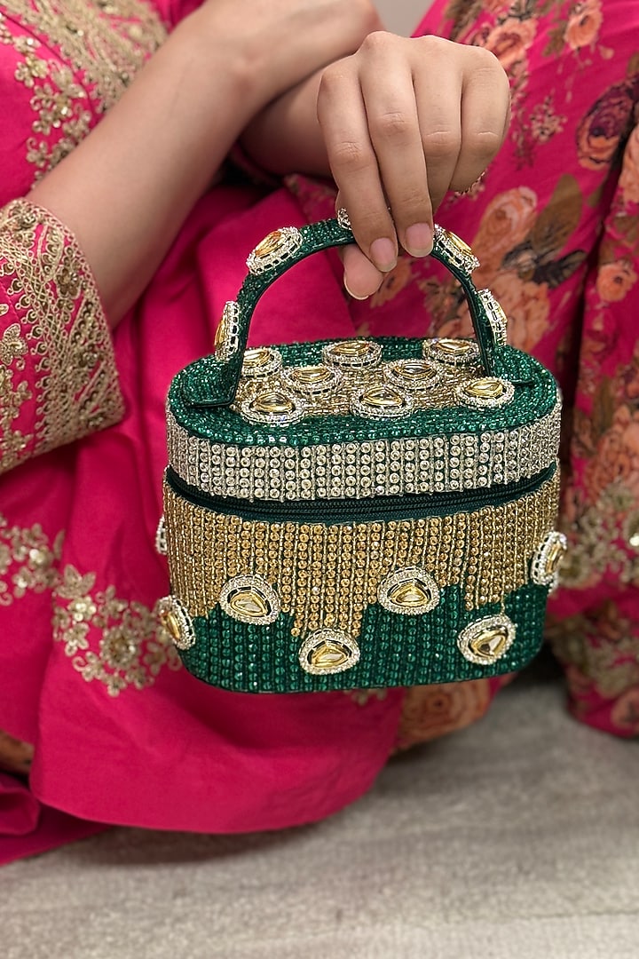 Green Satin Polki Embellished Handcrafted Clutch by Be Chic at Pernia's Pop Up Shop