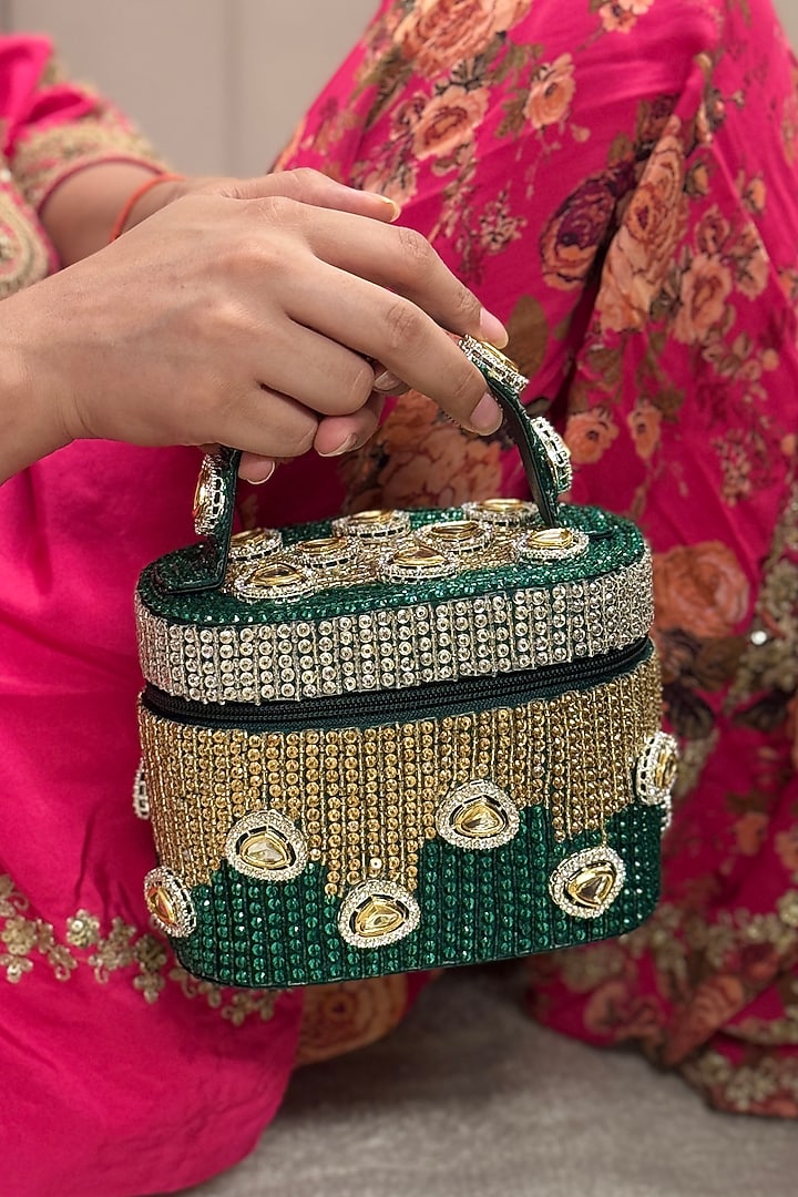 Green Satin Polki Embellished Handcrafted Clutch by Be Chic at Pernia's Pop Up Shop