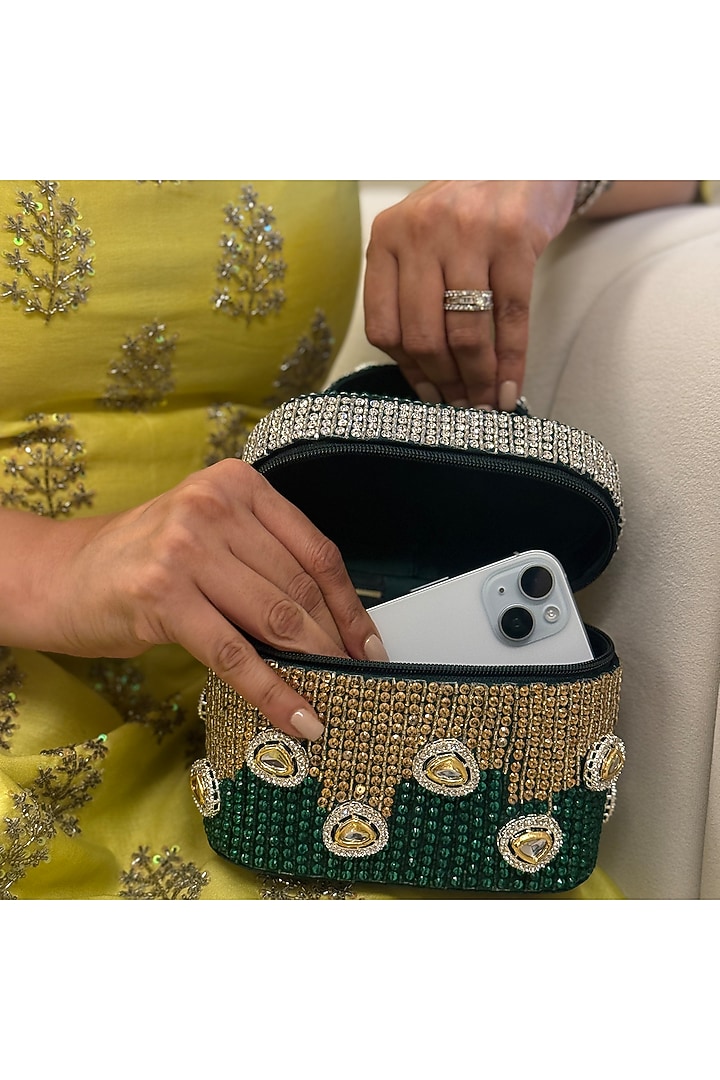 Green Satin Polki Embellished Handcrafted Clutch by Be Chic at Pernia's Pop Up Shop