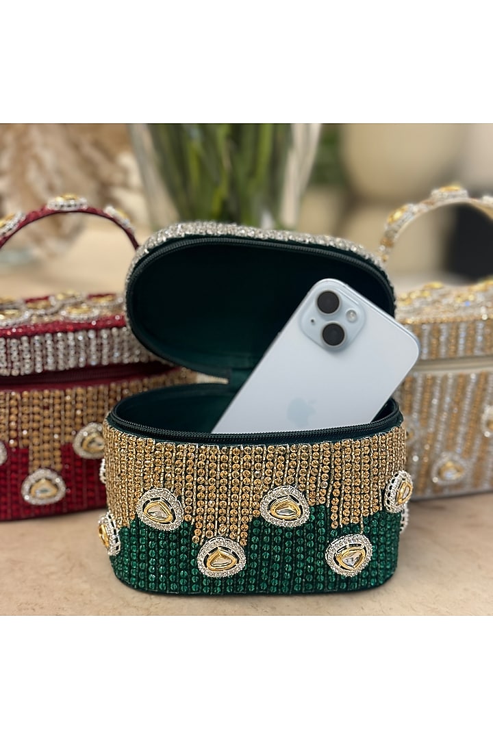 Green Satin Polki Embellished Handcrafted Clutch by Be Chic at Pernia's Pop Up Shop