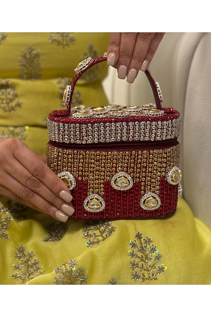 Red Satin Polki Embellished Handcrafted Clutch by Be Chic at Pernia's Pop Up Shop