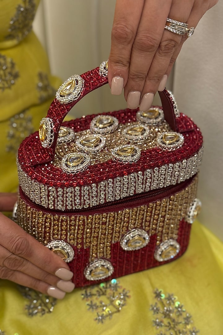 Red Satin Polki Embellished Handcrafted Clutch by Be Chic at Pernia's Pop Up Shop