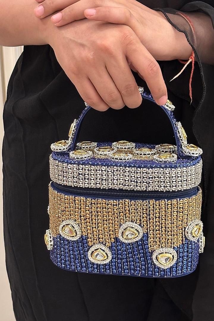 Blue Satin Polki Embellished Handcrafted Clutch by Be Chic at Pernia's Pop Up Shop