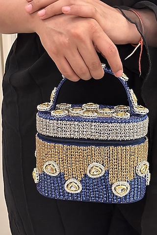 Blue Satin Polki Embellished Handcrafted Clutch by Be Chic