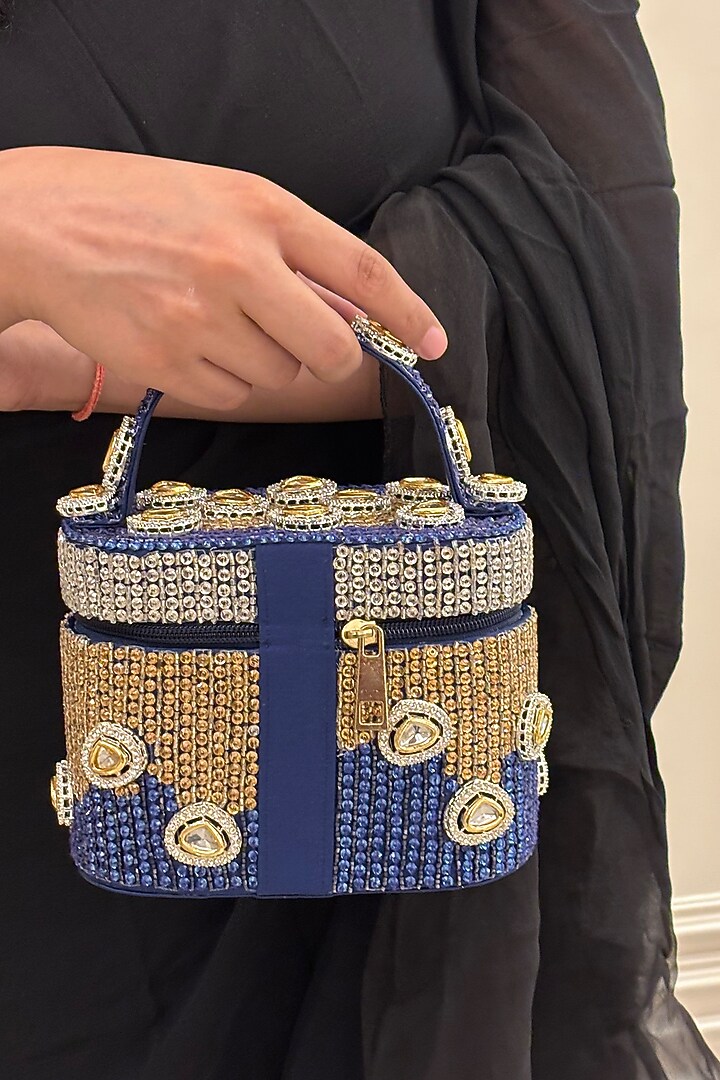 Blue Satin Polki Embellished Handcrafted Clutch by Be Chic at Pernia's Pop Up Shop