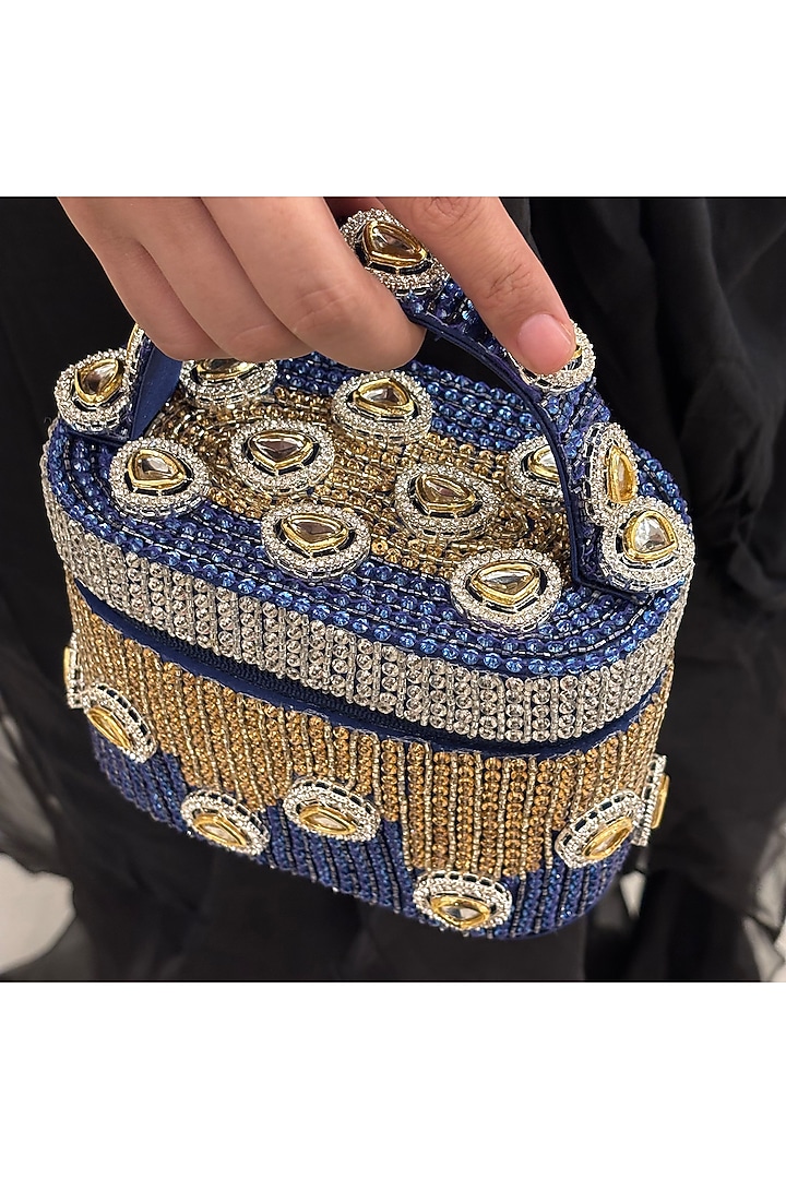 Blue Satin Polki Embellished Handcrafted Clutch by Be Chic at Pernia's Pop Up Shop