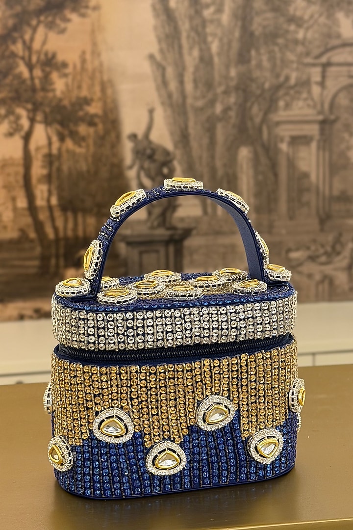 Blue Satin Polki Embellished Handcrafted Clutch by Be Chic at Pernia's Pop Up Shop